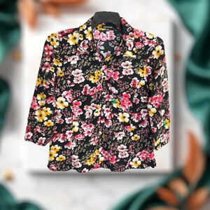 Notations Vintage Black 3/4 Sleeve Button Blouse Multicolor Floral Women Medium